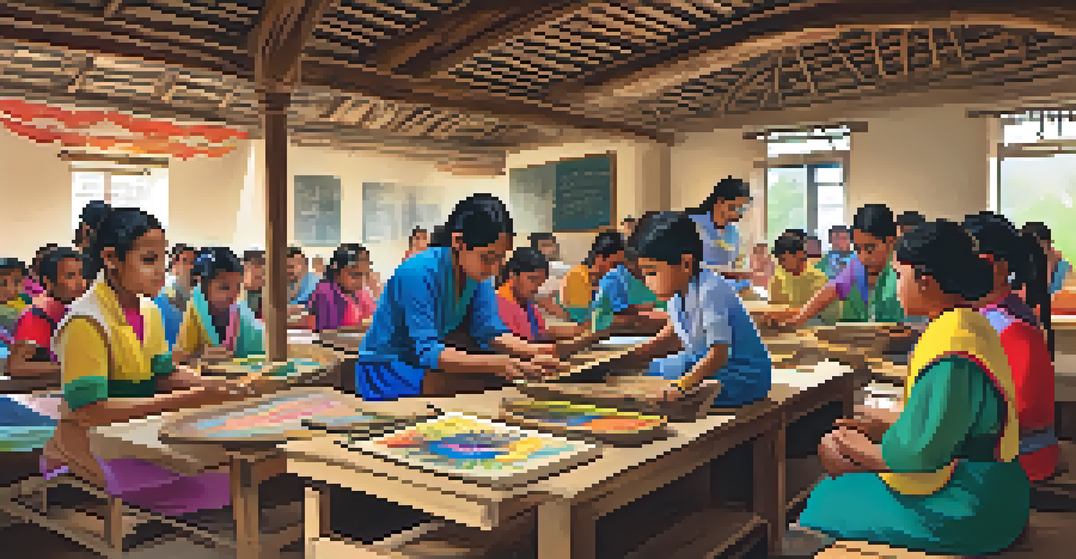 A classroom scene with students learning traditional crafts from a local artisan, surrounded by colorful materials and engaged in hands-on activities.