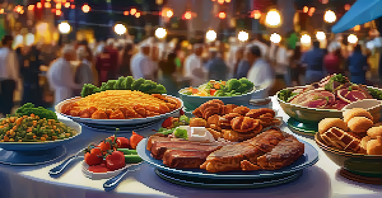 A colorful plate of local dishes including spiced meats and pastries, with blurred festive lights in the background.