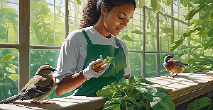 A volunteer at a wildlife rehabilitation center is feeding an injured bird in a bright, green enclosure filled with natural light.