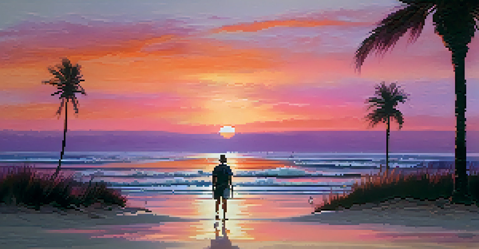 A tranquil sunset at the beach with a person walking on the shore, surrounded by palm trees and colorful skies.