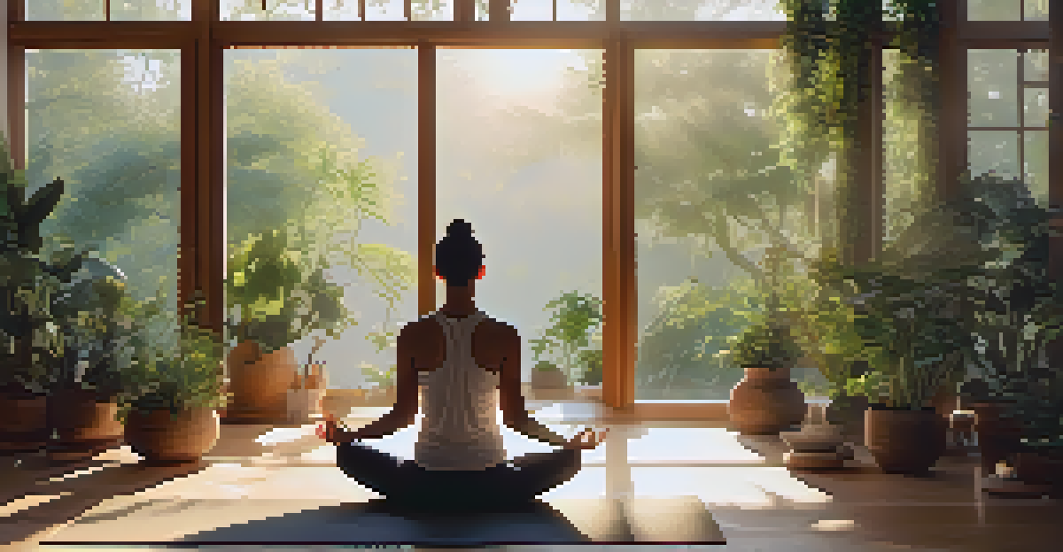 A person practicing yoga in a serene, sunlit room decorated with plants and natural elements.