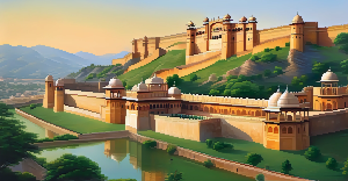 A panoramic view of the Amber Fort with golden sandstone walls, surrounded by green hills and gardens during sunset.