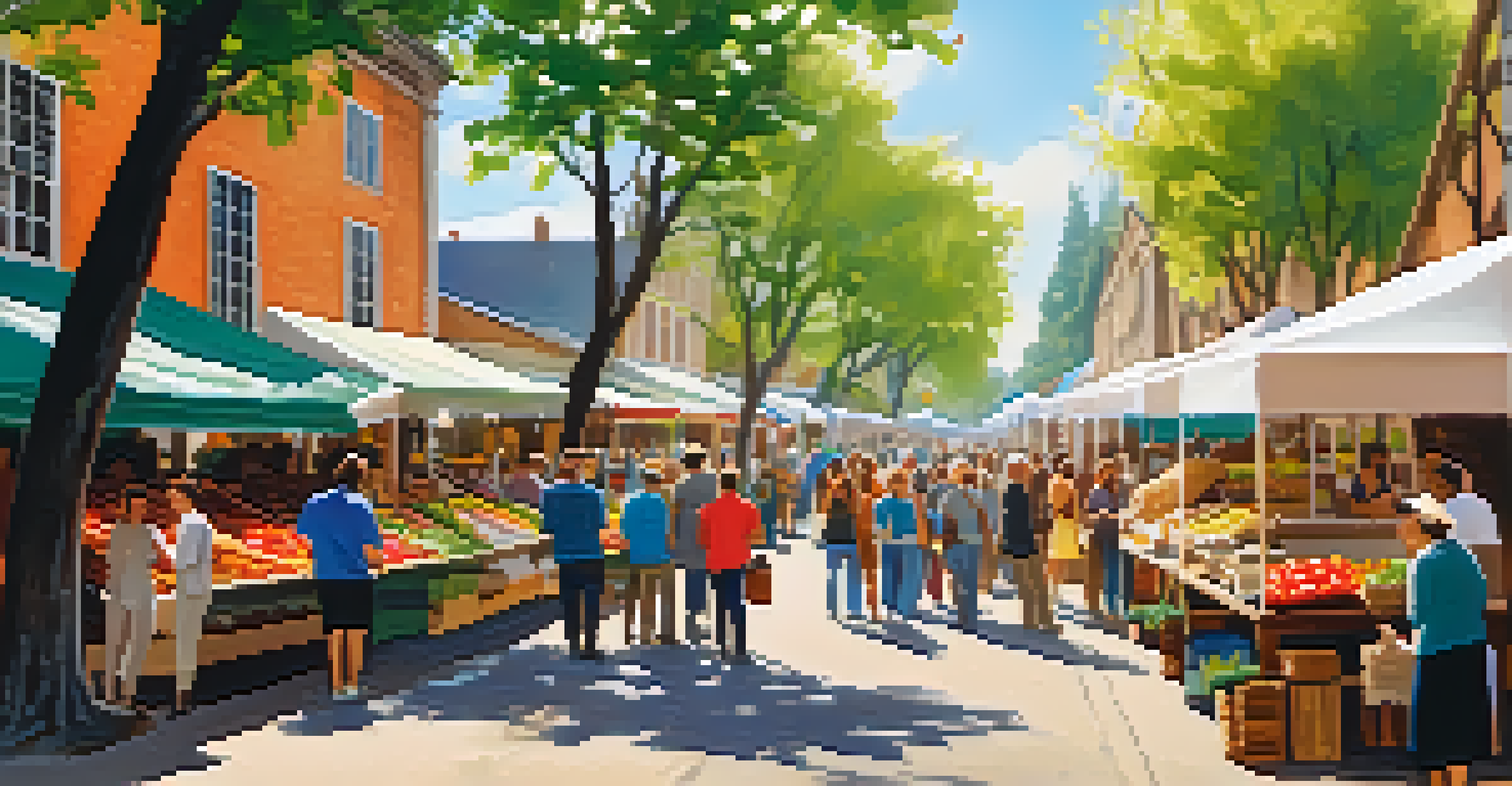 Participants enjoying a food tour at an outdoor market in a historic district, surrounded by colorful stalls and sunlight filtering through the trees.