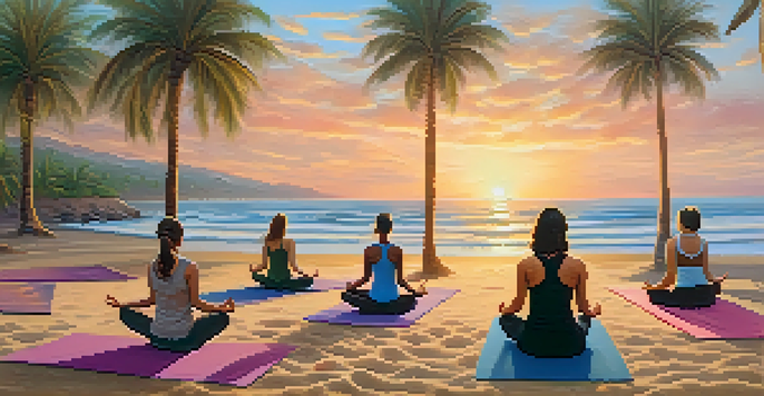 A woman practicing yoga at sunrise on a beach, with waves and palm trees in the background.