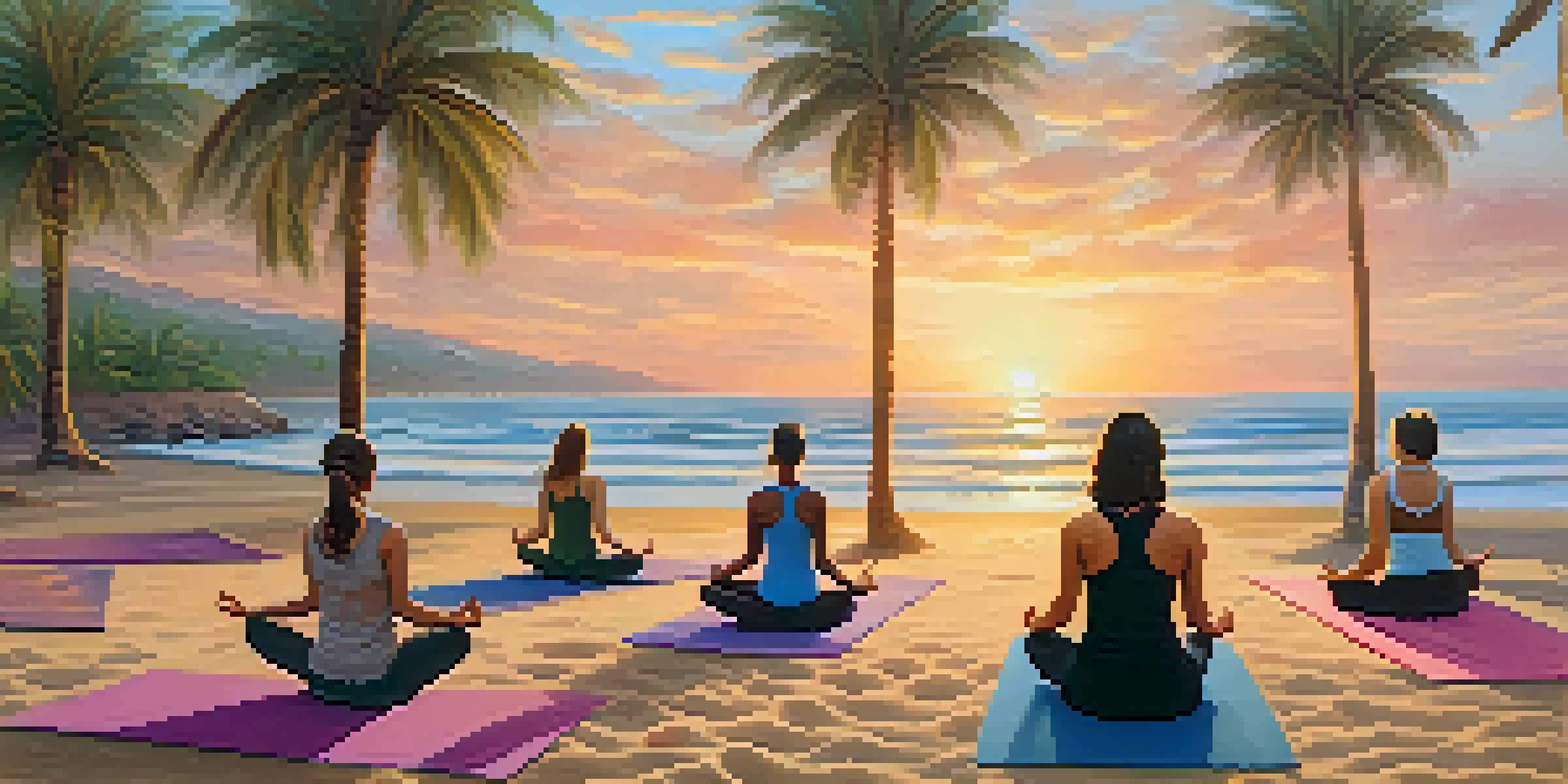A woman practicing yoga at sunrise on a beach, with waves and palm trees in the background.
