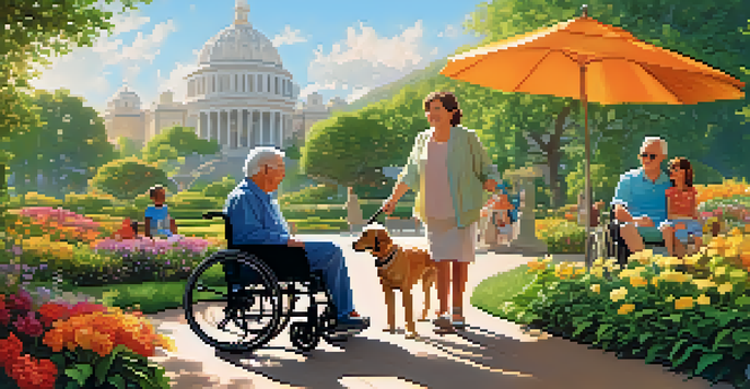 A diverse family enjoying a park, featuring a child in a wheelchair, a senior couple, and a young adult with a guide dog, surrounded by greenery and flowers.