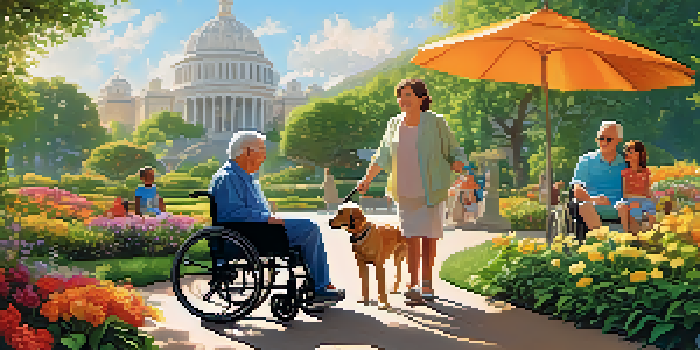 A diverse family enjoying a park, featuring a child in a wheelchair, a senior couple, and a young adult with a guide dog, surrounded by greenery and flowers.