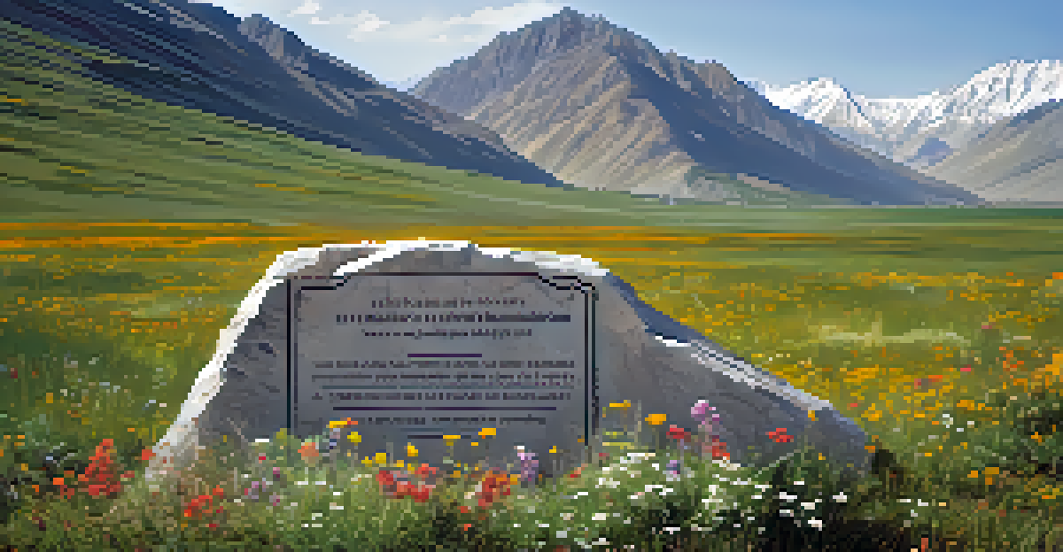 A close-up of a weathered memorial stone surrounded by wildflowers and mountains, honoring soldiers.