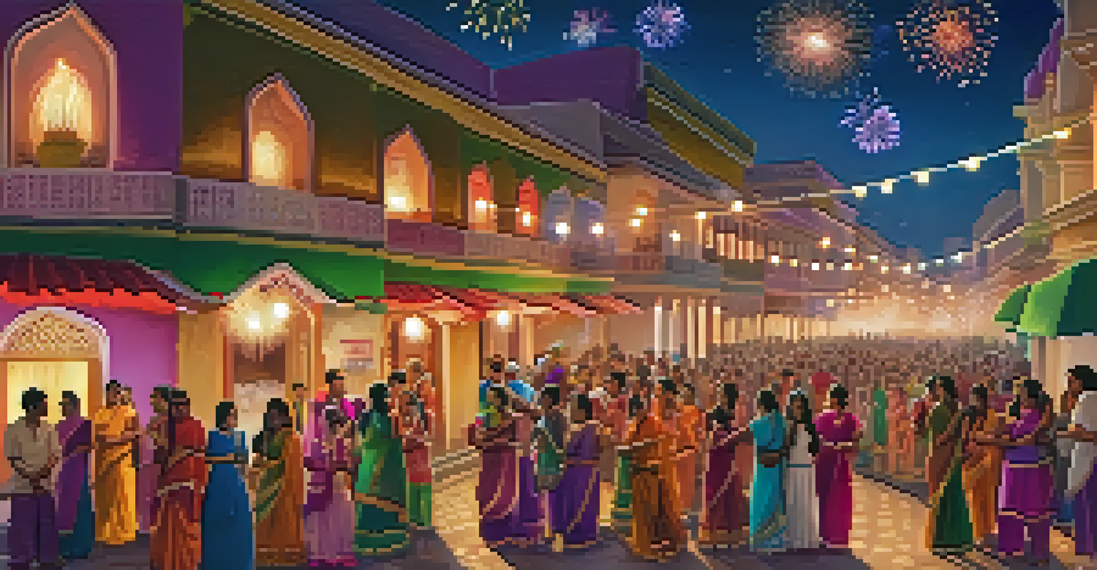 A Diwali celebration in Rajasthan with illuminated homes, fireworks, and families enjoying the festival together.