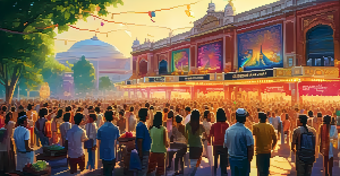 A lively outdoor film festival scene with a diverse crowd enjoying Indian cinema, colorful banners, and soft sunlight filtering through trees.