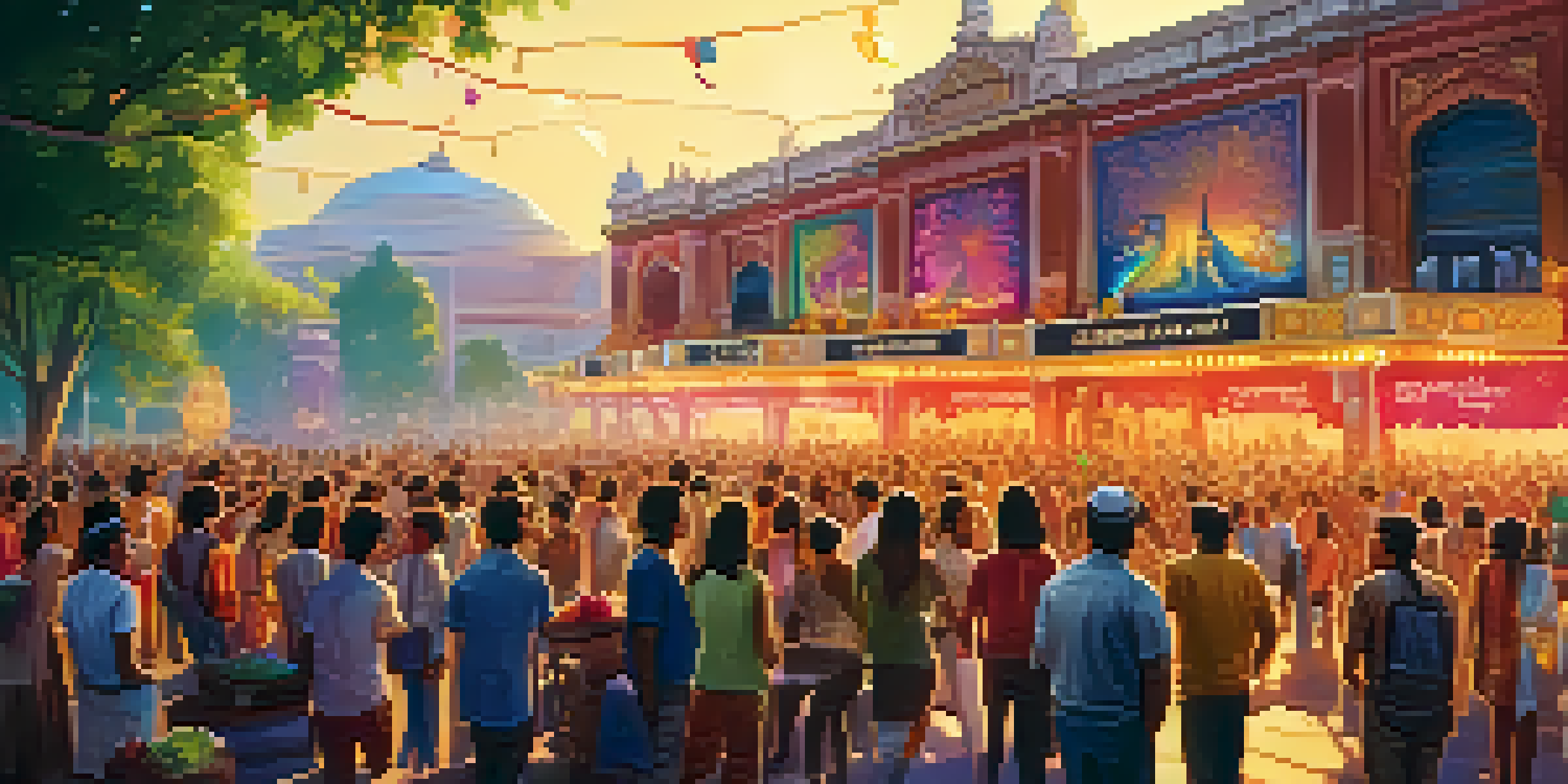 A lively outdoor film festival scene with a diverse crowd enjoying Indian cinema, colorful banners, and soft sunlight filtering through trees.