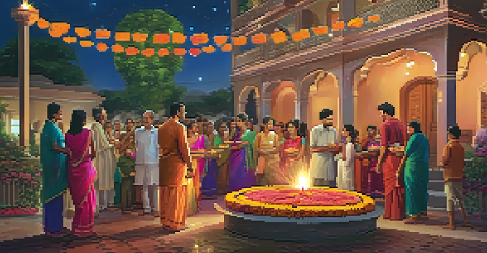 A family celebrating Diwali with colorful decorations, oil lamps, and fireworks in the sky.