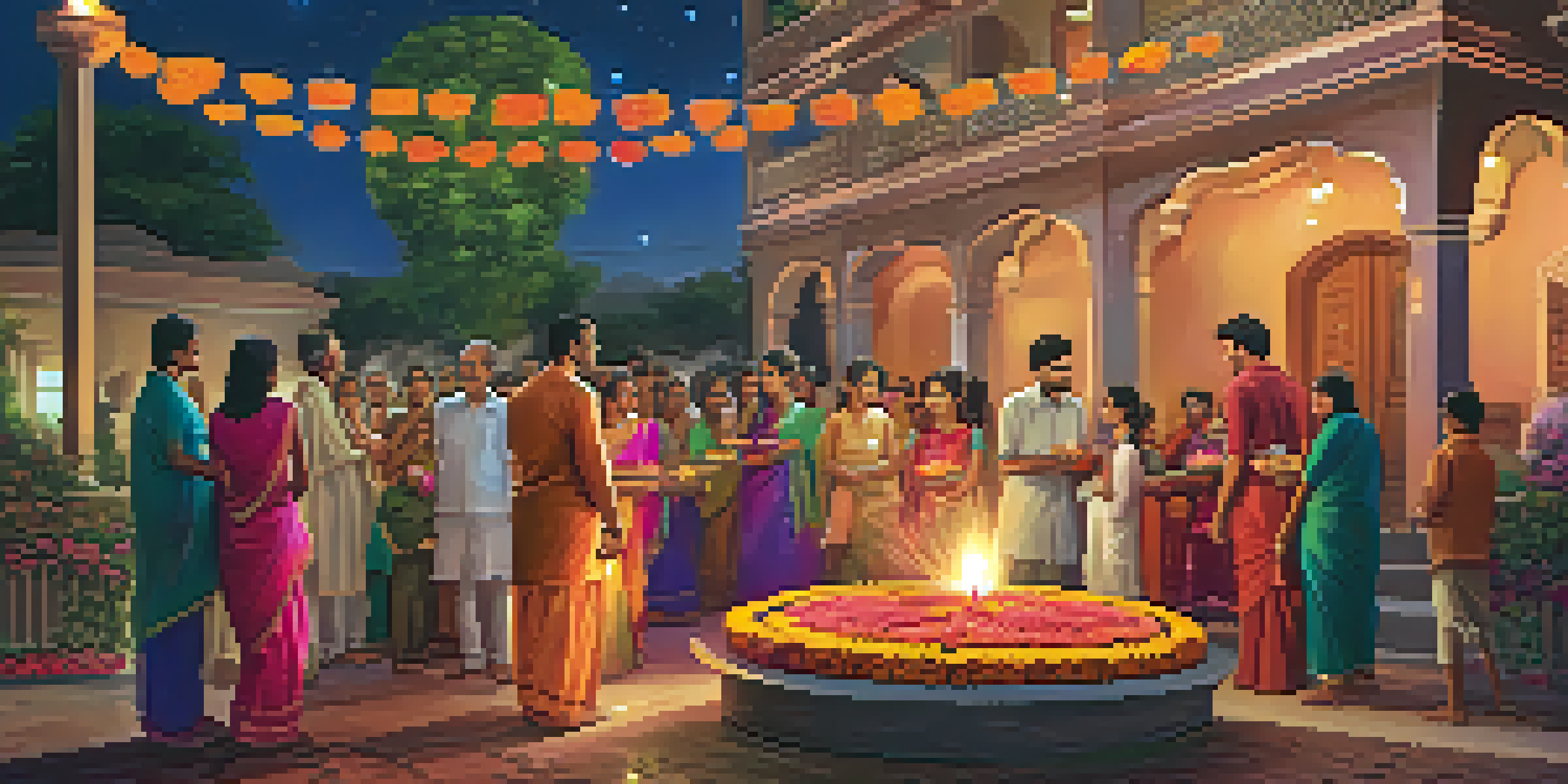 A family celebrating Diwali with colorful decorations, oil lamps, and fireworks in the sky.