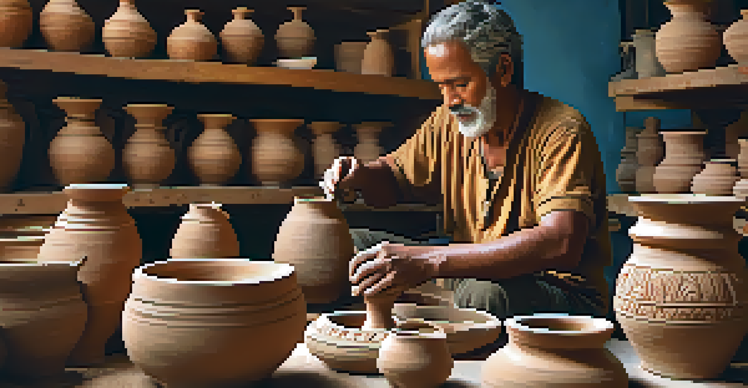 An artisan shaping clay into pottery in a local market, surrounded by handmade crafts under natural light.