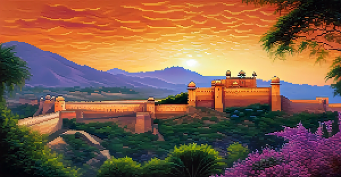 A beautiful sunset view of Amber Fort, highlighting its architectural details against a colorful sky.