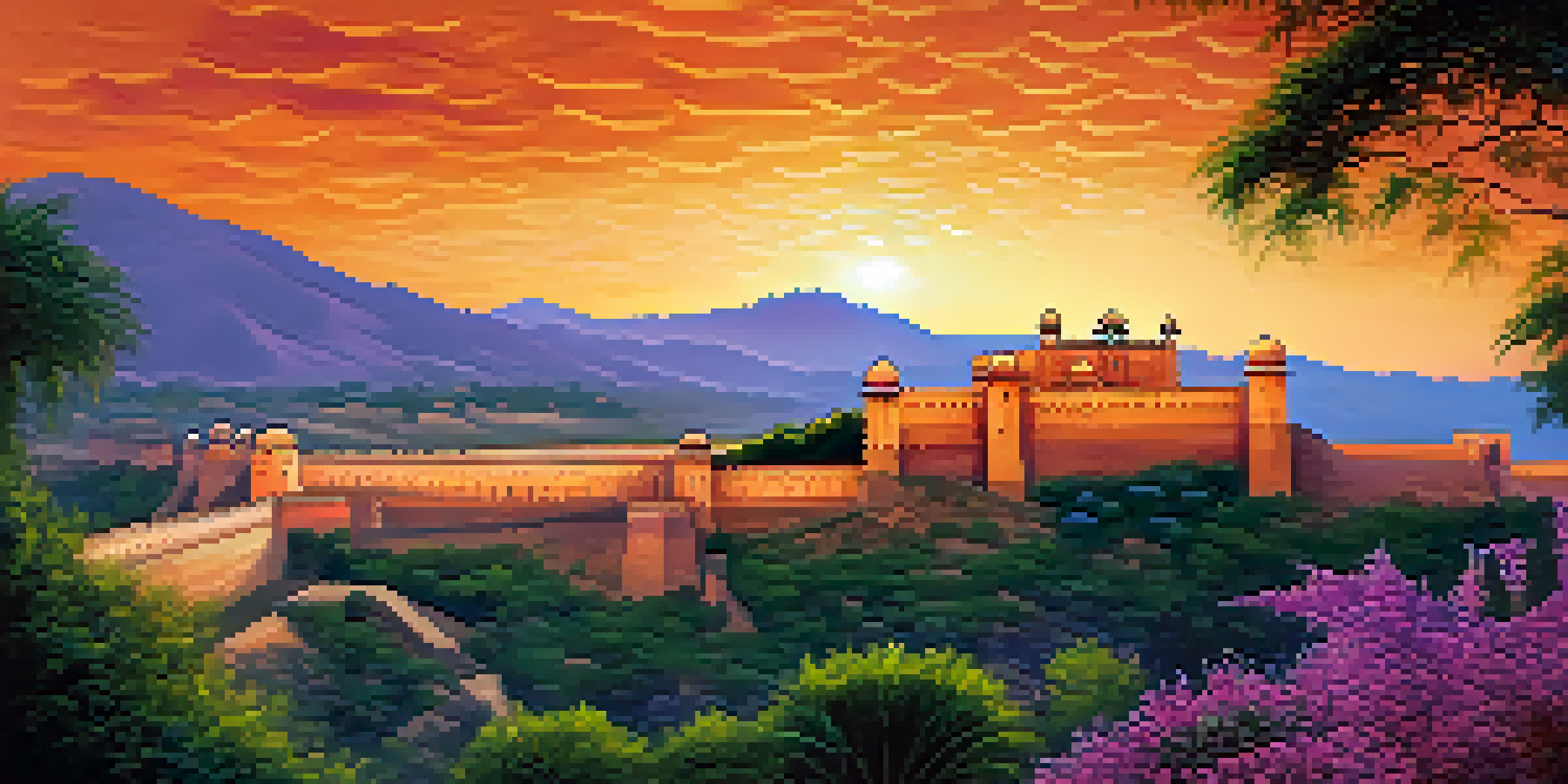 A beautiful sunset view of Amber Fort, highlighting its architectural details against a colorful sky.