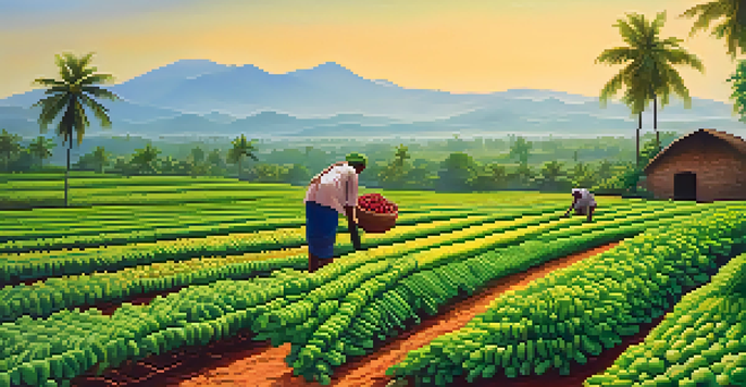 A colorful organic farm in Kerala with a farmer harvesting vegetables, surrounded by lush greenery and distant hills under a blue sky.