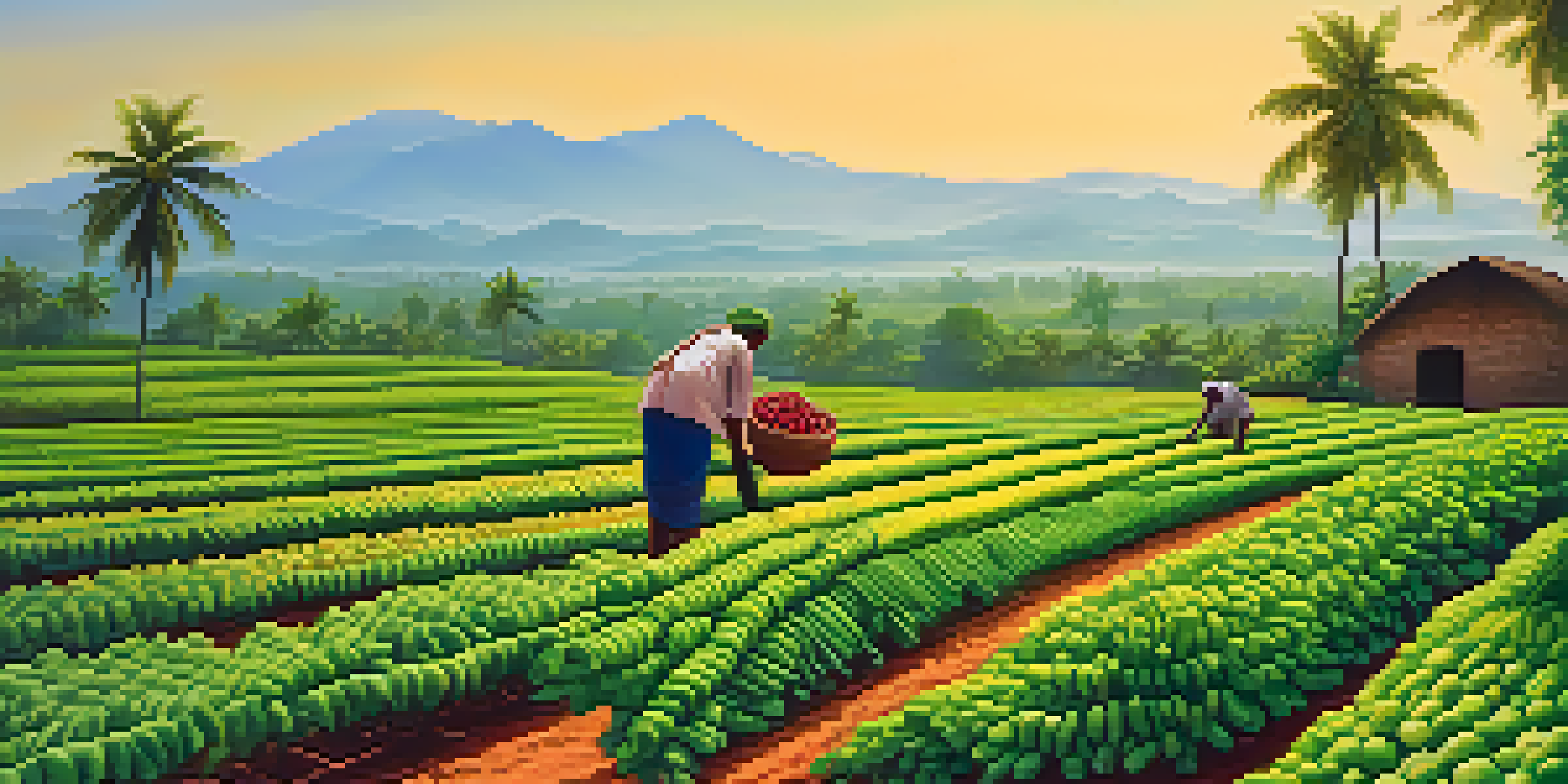 A colorful organic farm in Kerala with a farmer harvesting vegetables, surrounded by lush greenery and distant hills under a blue sky.