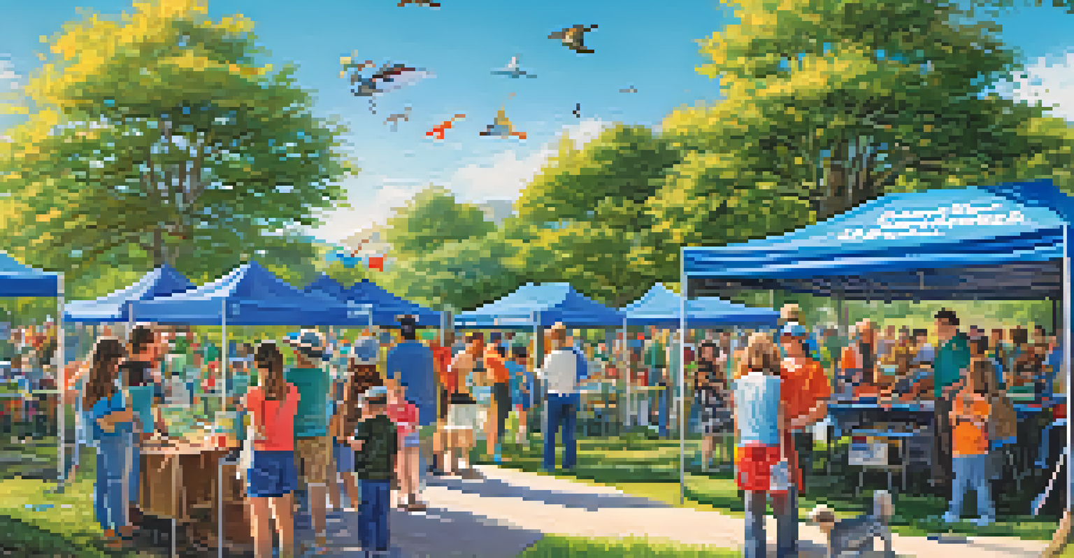 A lively wildlife conservation event in a park with families and volunteers participating in educational activities.