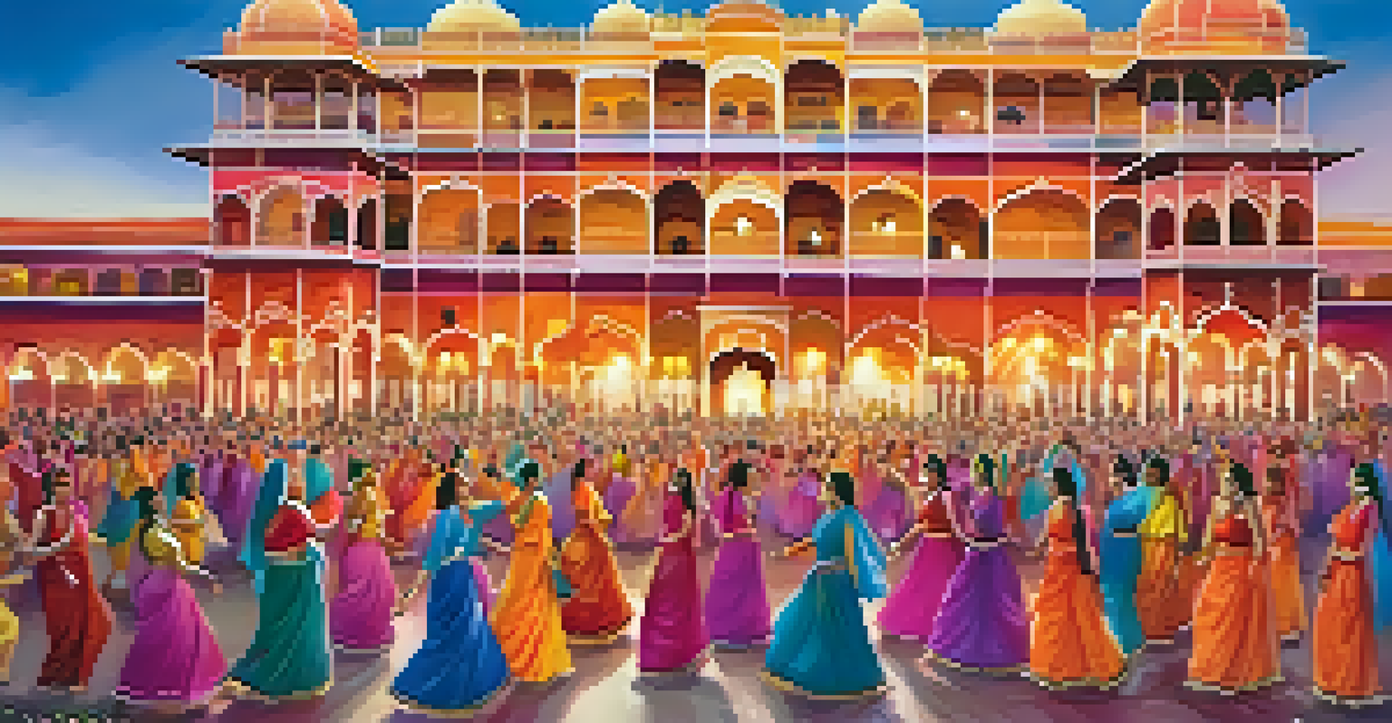 A royal Holi celebration at the City Palace in Jaipur with people dancing in colorful outfits, set against the backdrop of the magnificent palace.