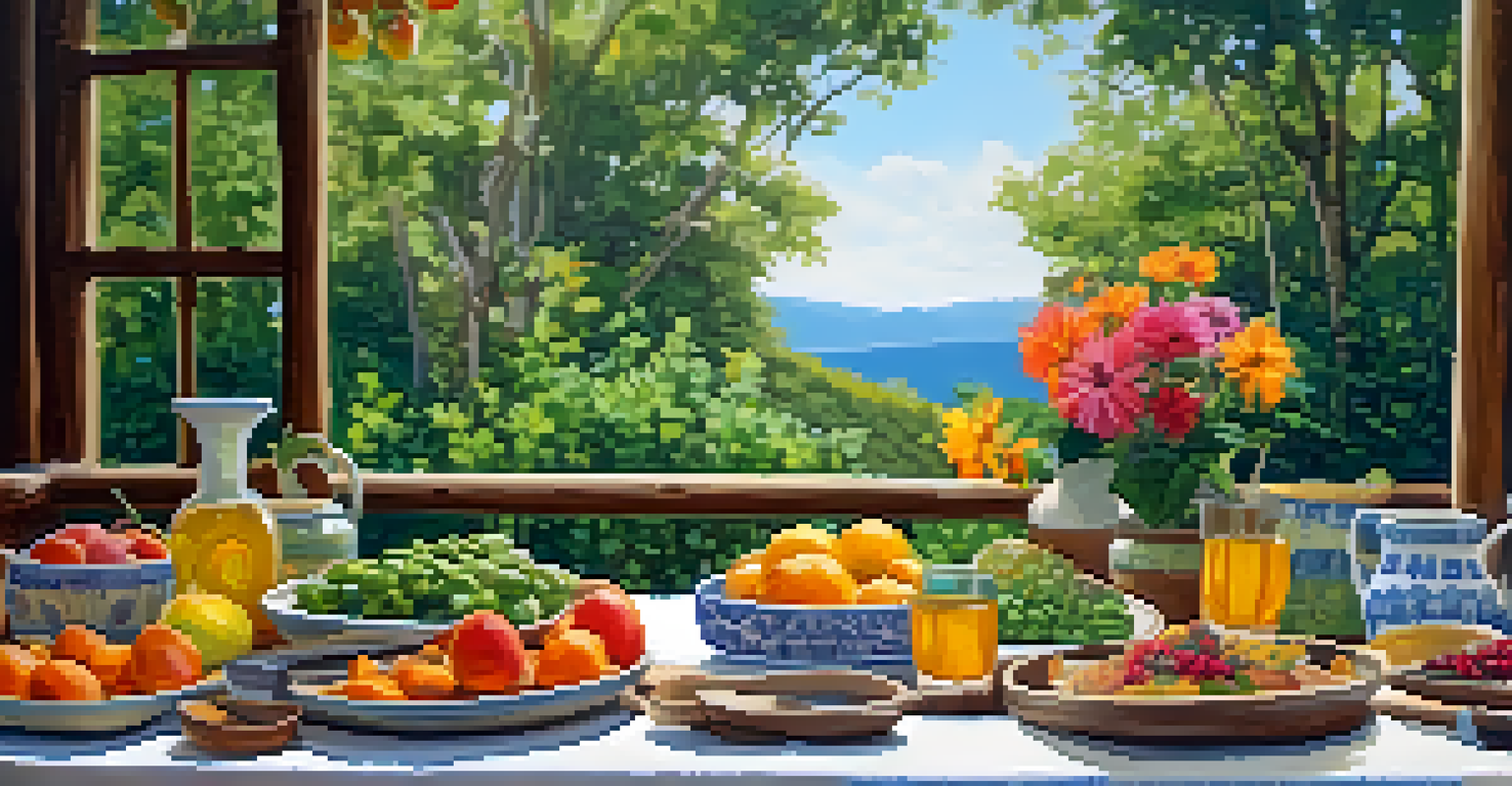 A rustic outdoor dining table at an eco-lodge, decorated with local produce and flowers, in a natural setting.