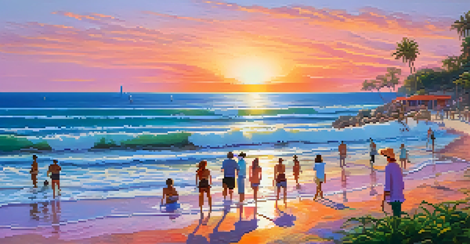 A picturesque beach at sunset with tourists in the water and lush greenery, showcasing water conservation signs.