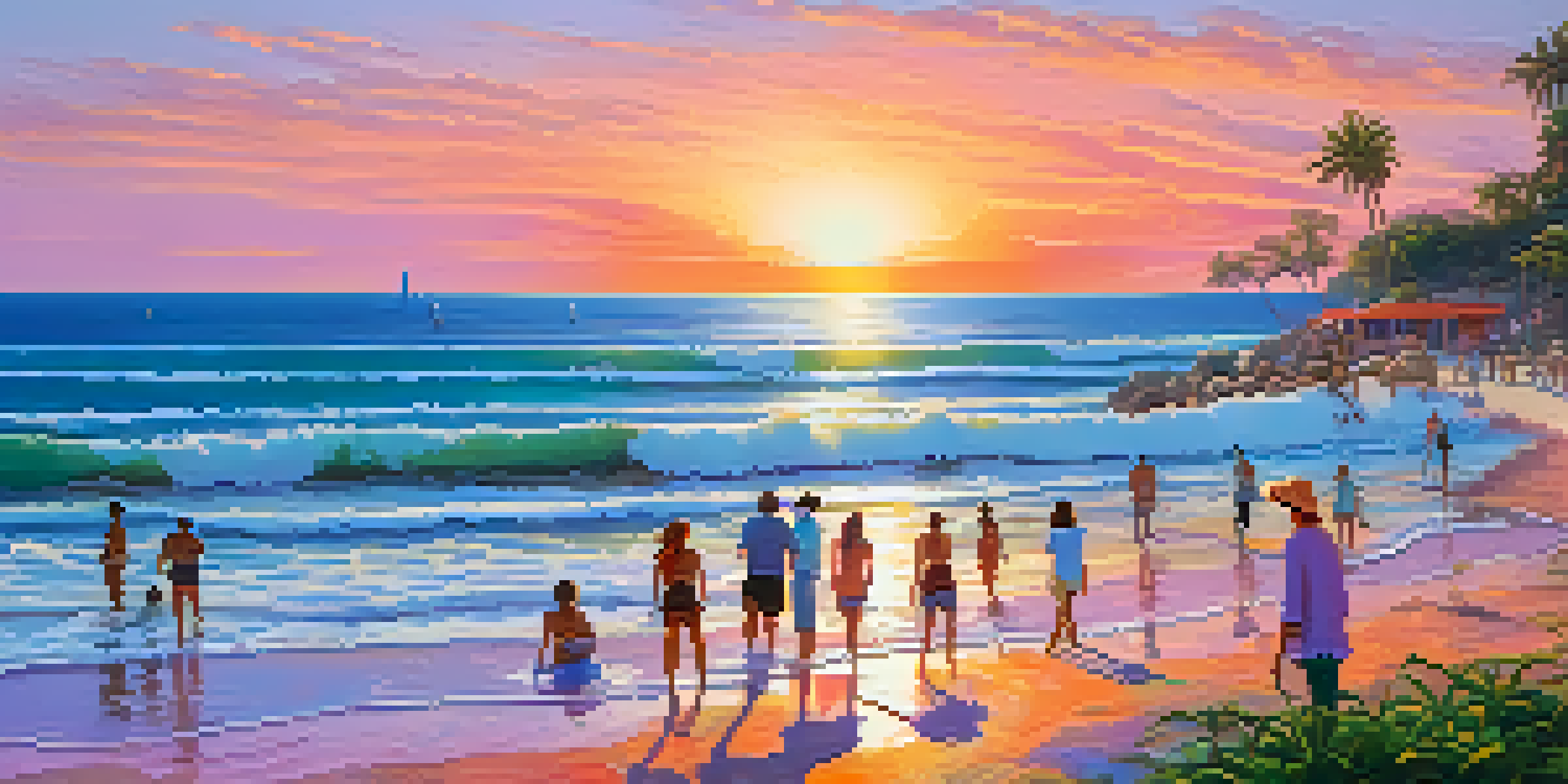 A picturesque beach at sunset with tourists in the water and lush greenery, showcasing water conservation signs.