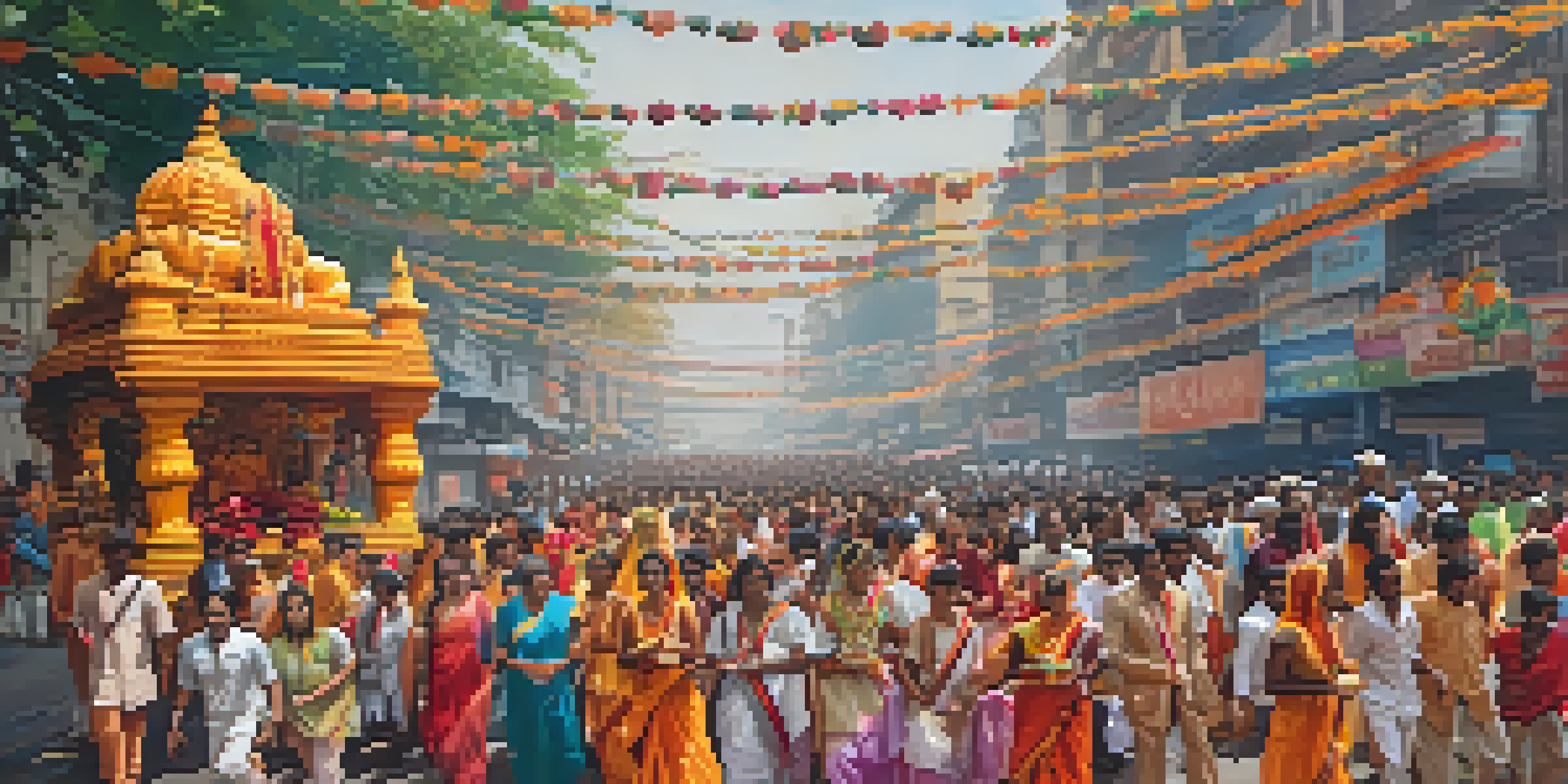 A bustling street filled with people celebrating Ganesh Chaturthi, showcasing a large Ganesh idol on a float and colorful decorations.