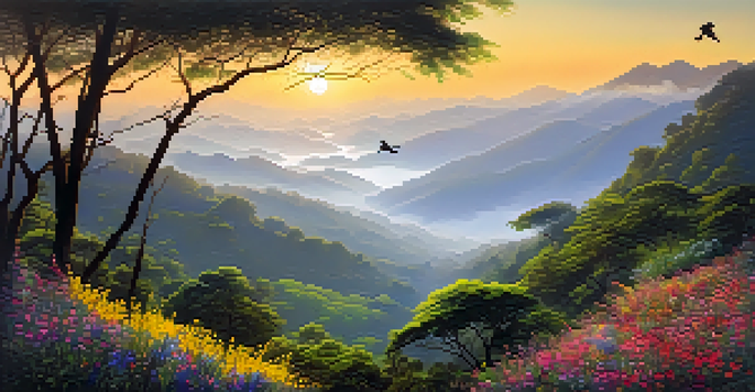 A colorful forest in the Western Ghats with wildflowers and birds, illuminated by a golden sunrise and enveloped in mist.