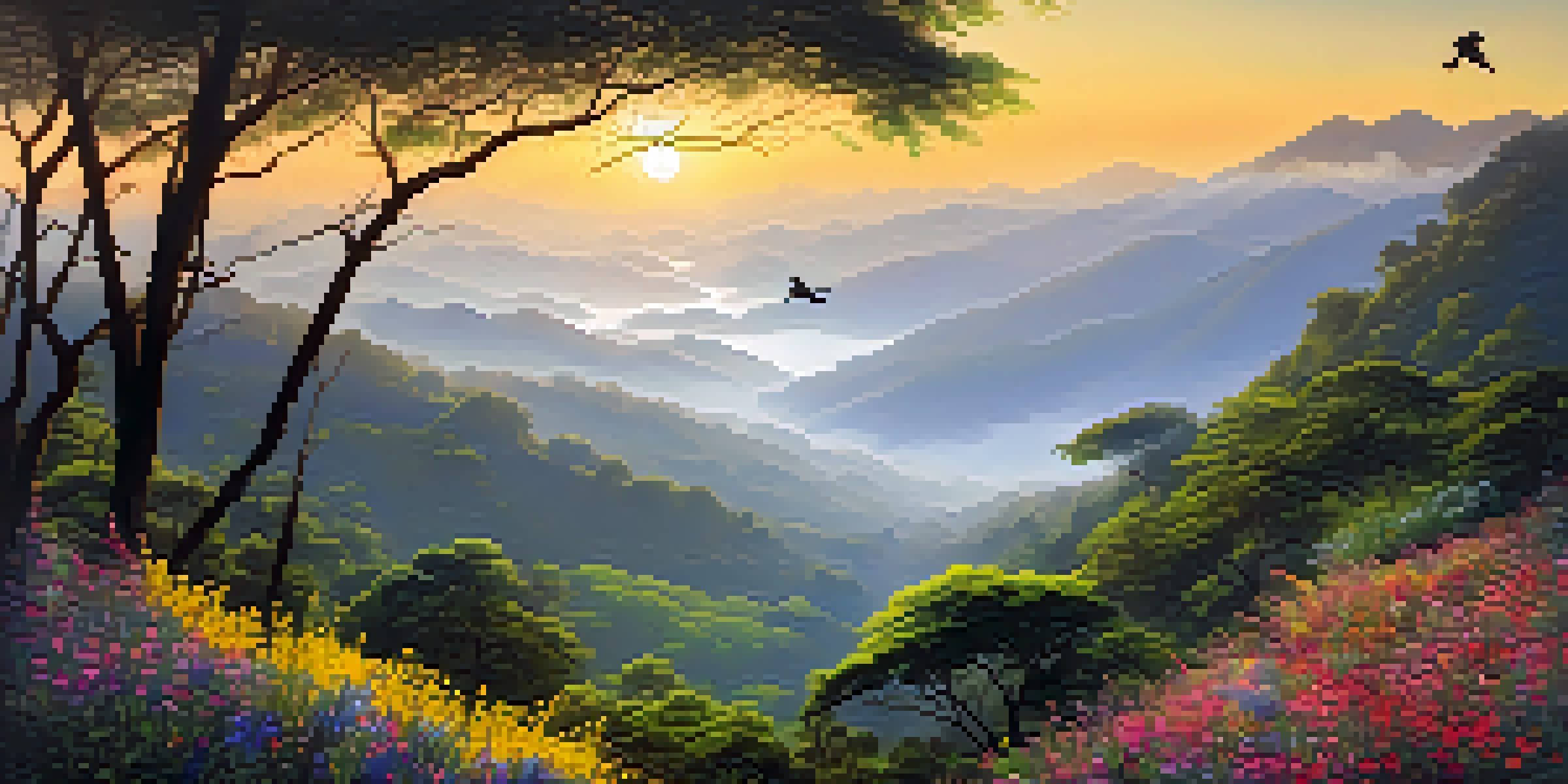 A colorful forest in the Western Ghats with wildflowers and birds, illuminated by a golden sunrise and enveloped in mist.