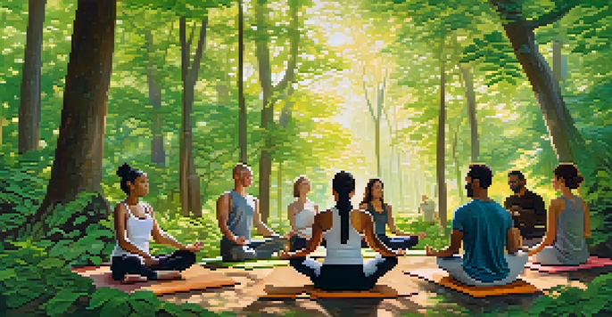 A group of diverse individuals practicing mindfulness in a green forest, including yoga, meditation, and journaling.