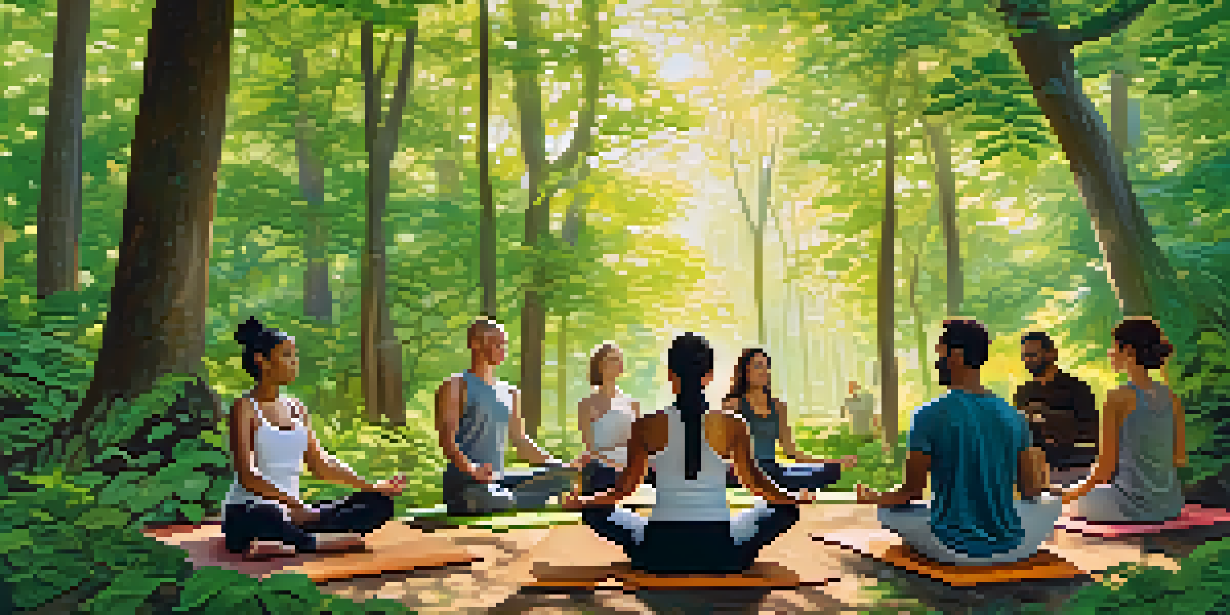 A group of diverse individuals practicing mindfulness in a green forest, including yoga, meditation, and journaling.