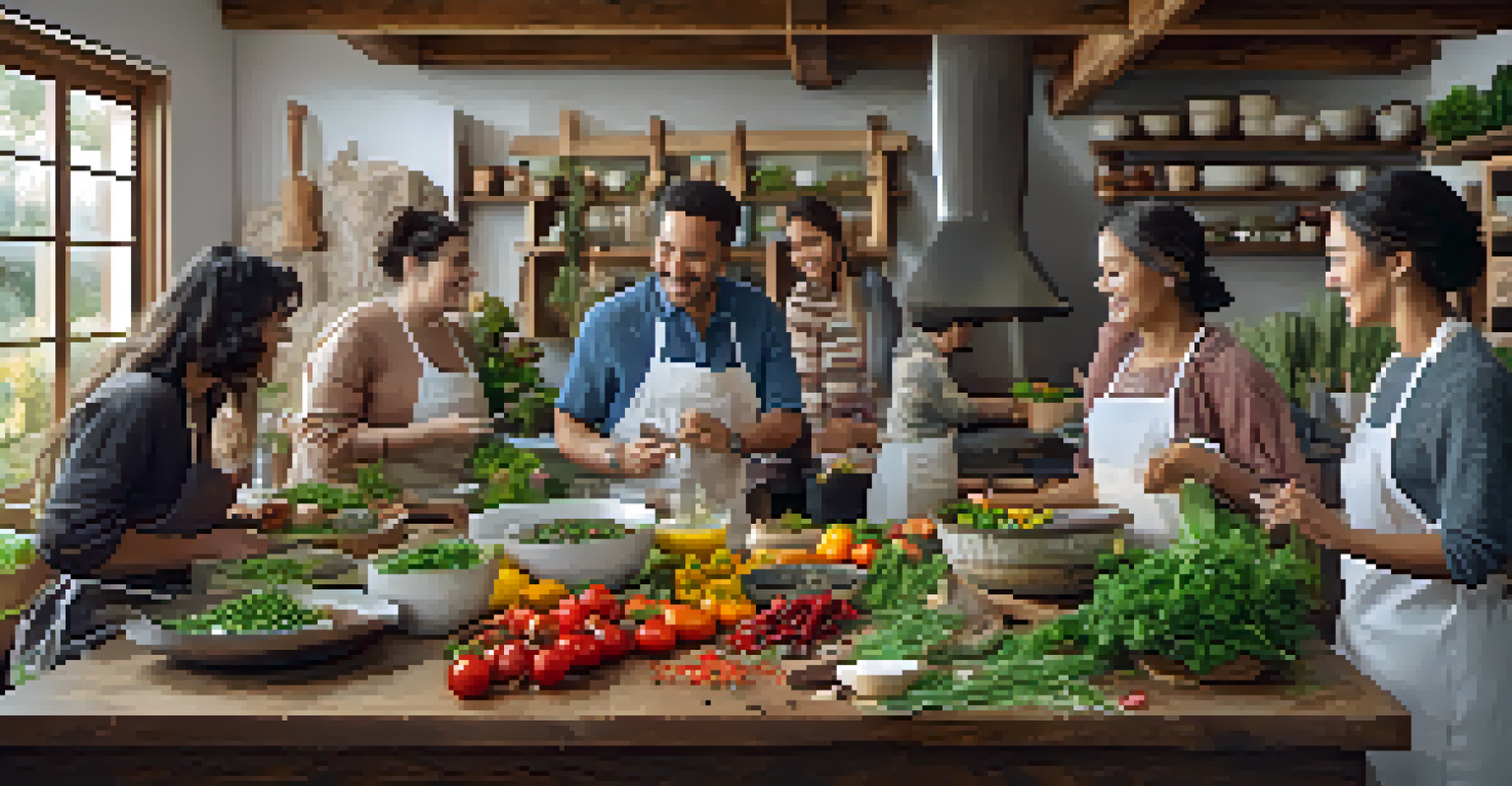 A group of participants enjoying a cooking workshop in a bright kitchen, preparing a healthy meal with local ingredients.