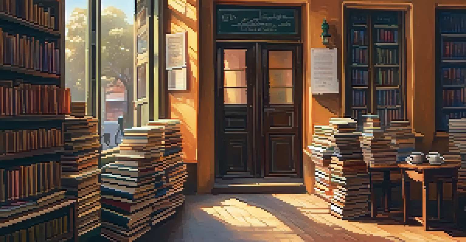 A cozy street view of a bookshop in Kolkata, with warm sunlight filtering through, stacks of books, and a cup of chai on a table.
