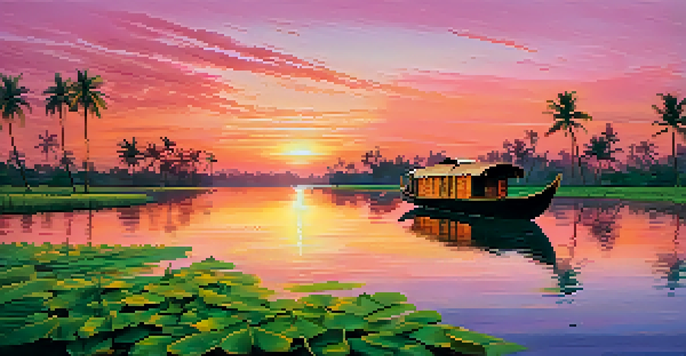 A traditional houseboat on the tranquil backwaters of Kerala during sunset, with vibrant colors reflecting on the water.