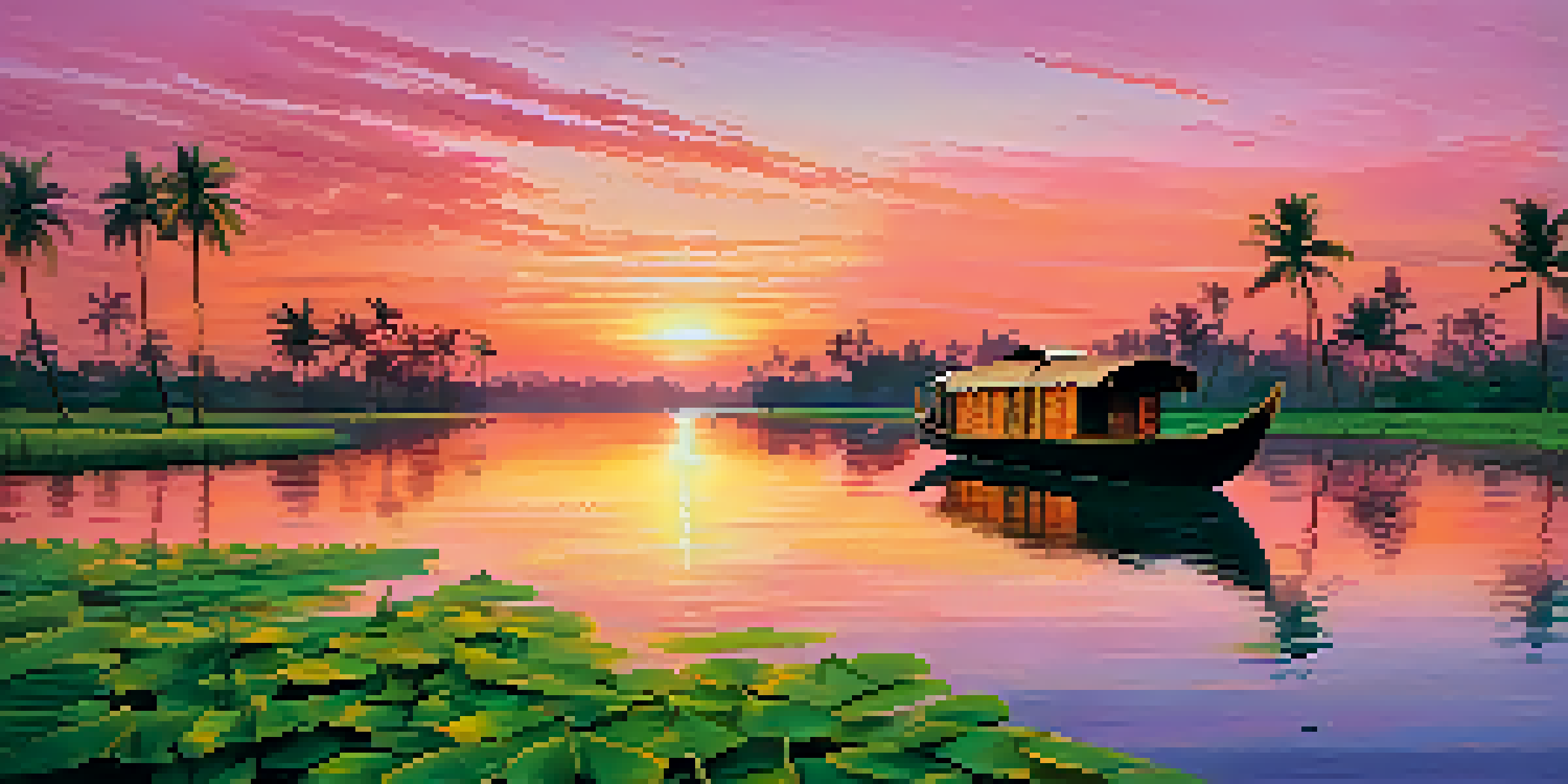 A traditional houseboat on the tranquil backwaters of Kerala during sunset, with vibrant colors reflecting on the water.