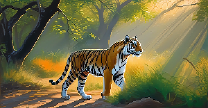A Bengal tiger walking through green foliage in Ranthambore National Park during sunset, with sunlight filtering through the trees.