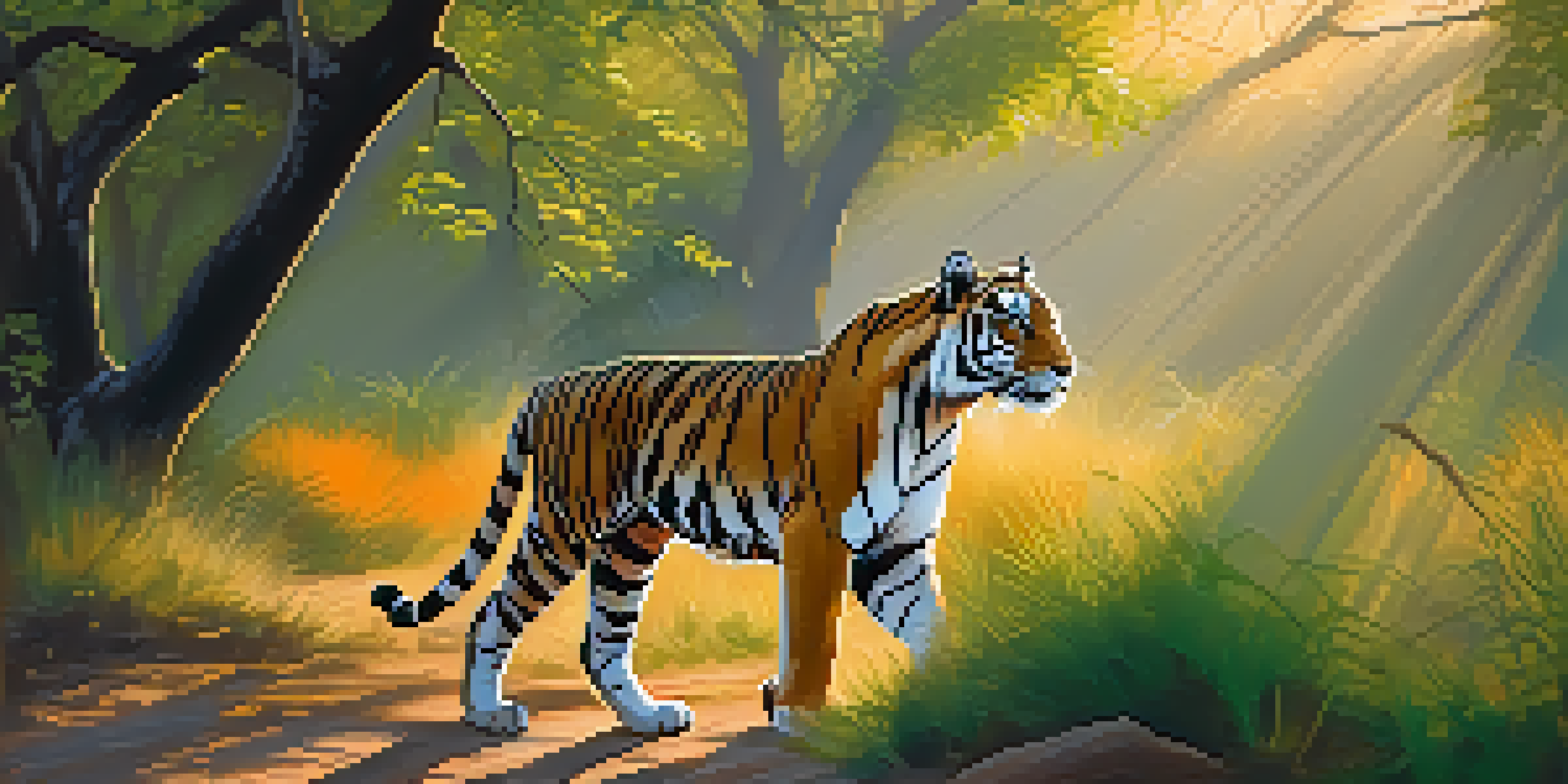 A Bengal tiger walking through green foliage in Ranthambore National Park during sunset, with sunlight filtering through the trees.