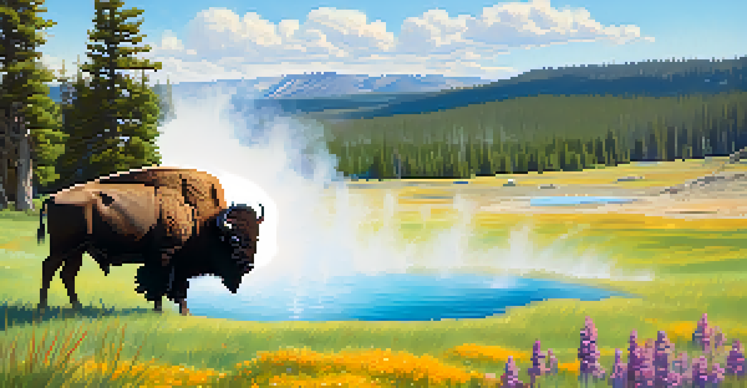 A summer scene in Yellowstone National Park with a bison grazing near colorful hot springs surrounded by wildflowers.