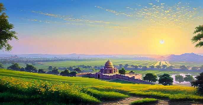 A wide view of the battlefield of Panipat with memorials and wildflowers under a blue sky during sunset.