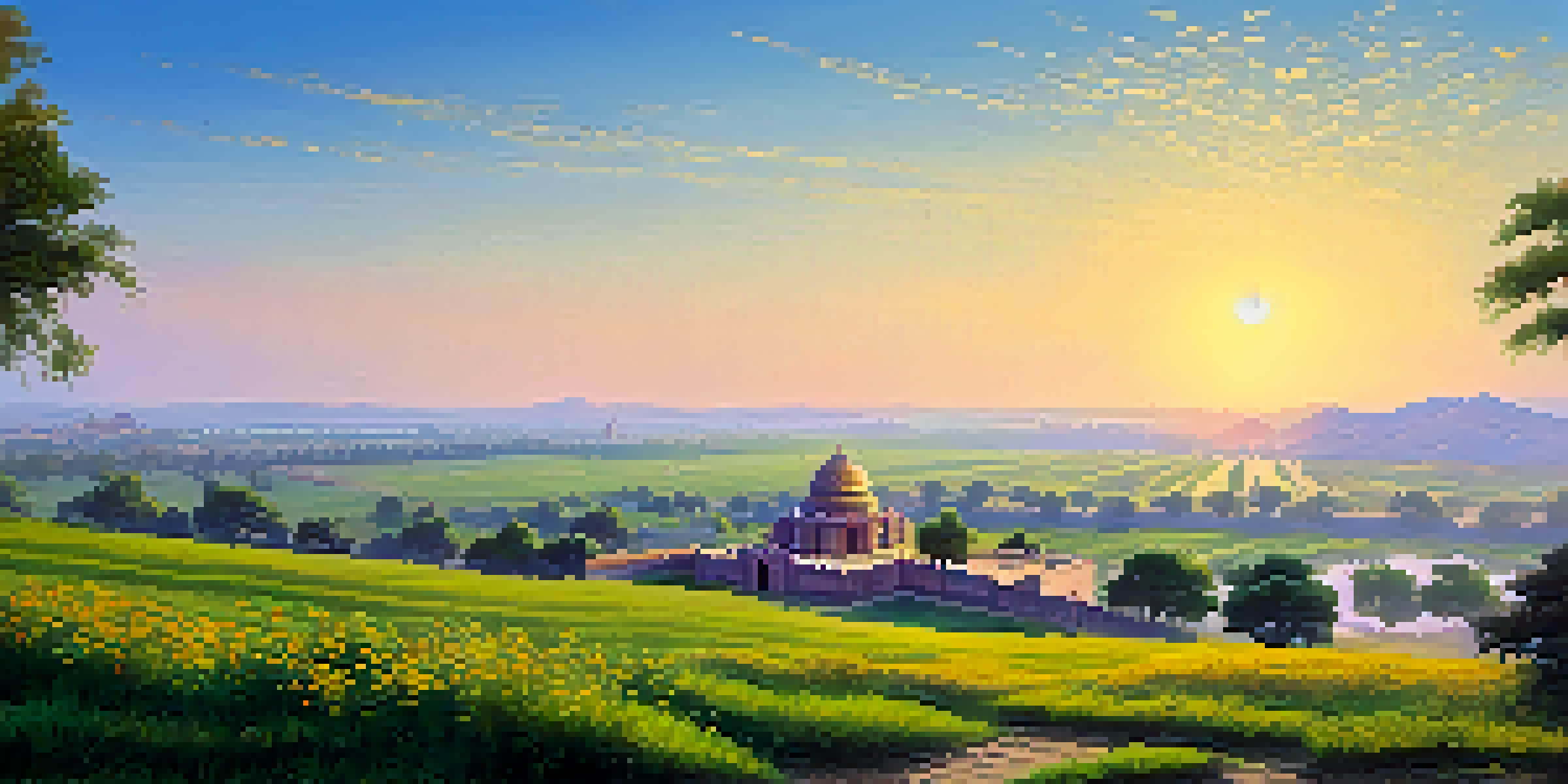 A wide view of the battlefield of Panipat with memorials and wildflowers under a blue sky during sunset.