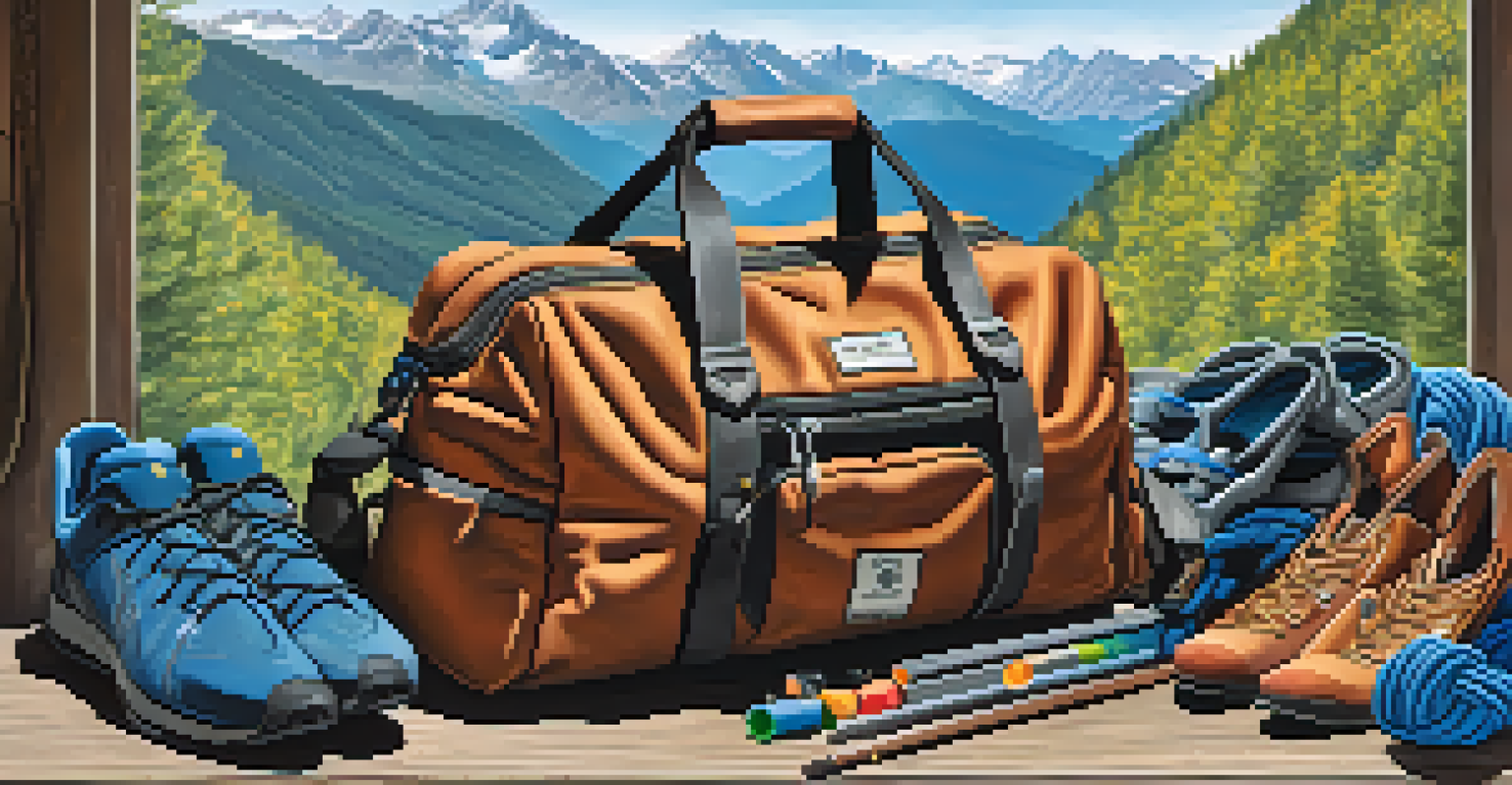 An organized climbing gear bag with shoes and equipment against a mountain backdrop.