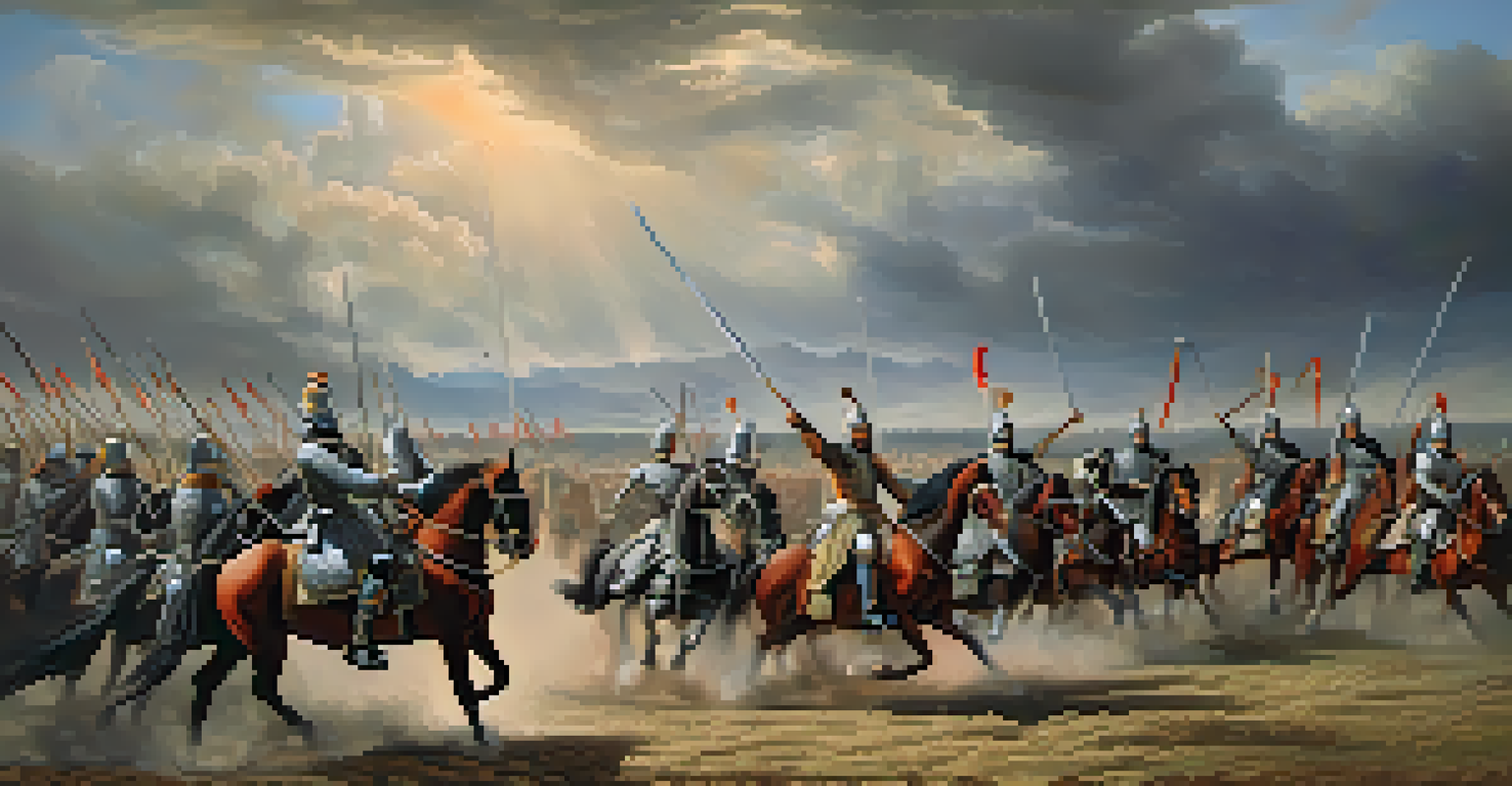 Maharana Pratap in battle armor on horseback during the Battle of Haldighati, against a dramatic sky.