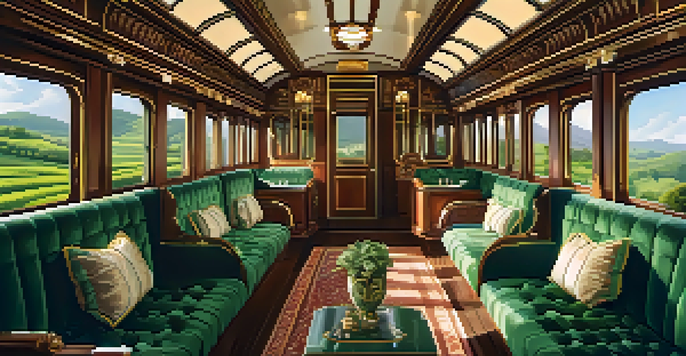 An elegant train interior with plush seating and large windows showcasing scenic tea plantations.