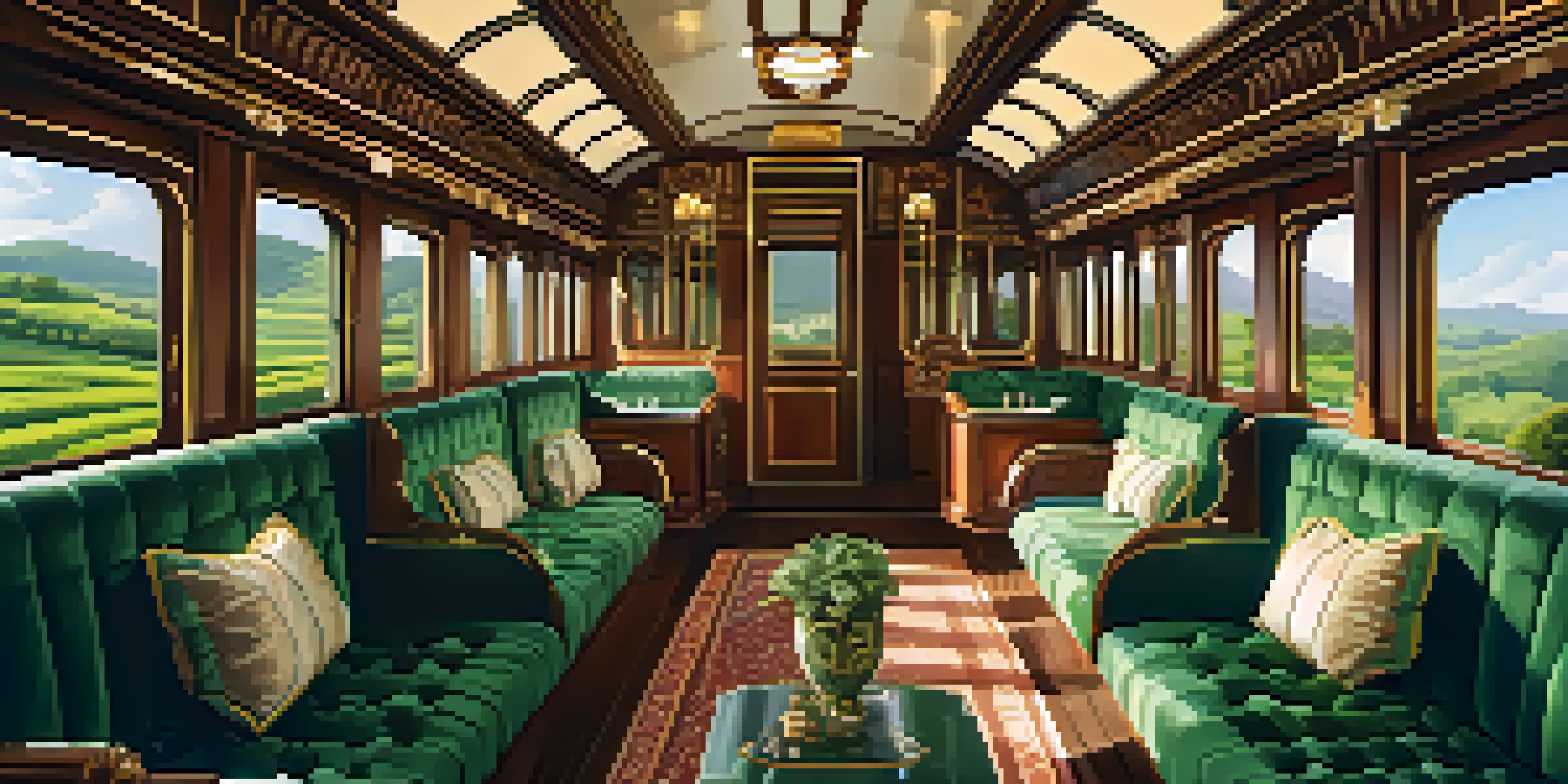 An elegant train interior with plush seating and large windows showcasing scenic tea plantations.