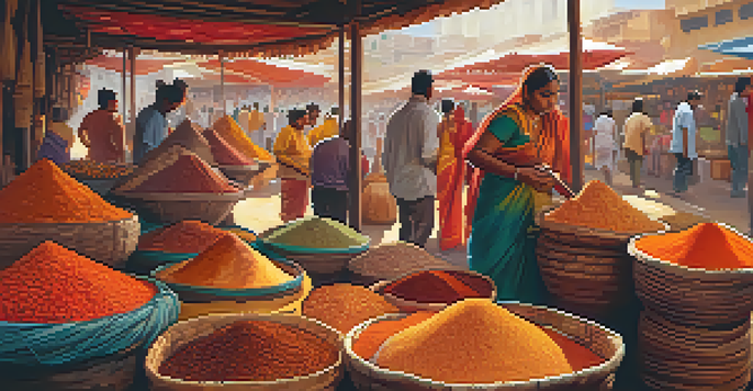 A busy spice market in India showcasing colorful spices in baskets with vendors interacting with customers.