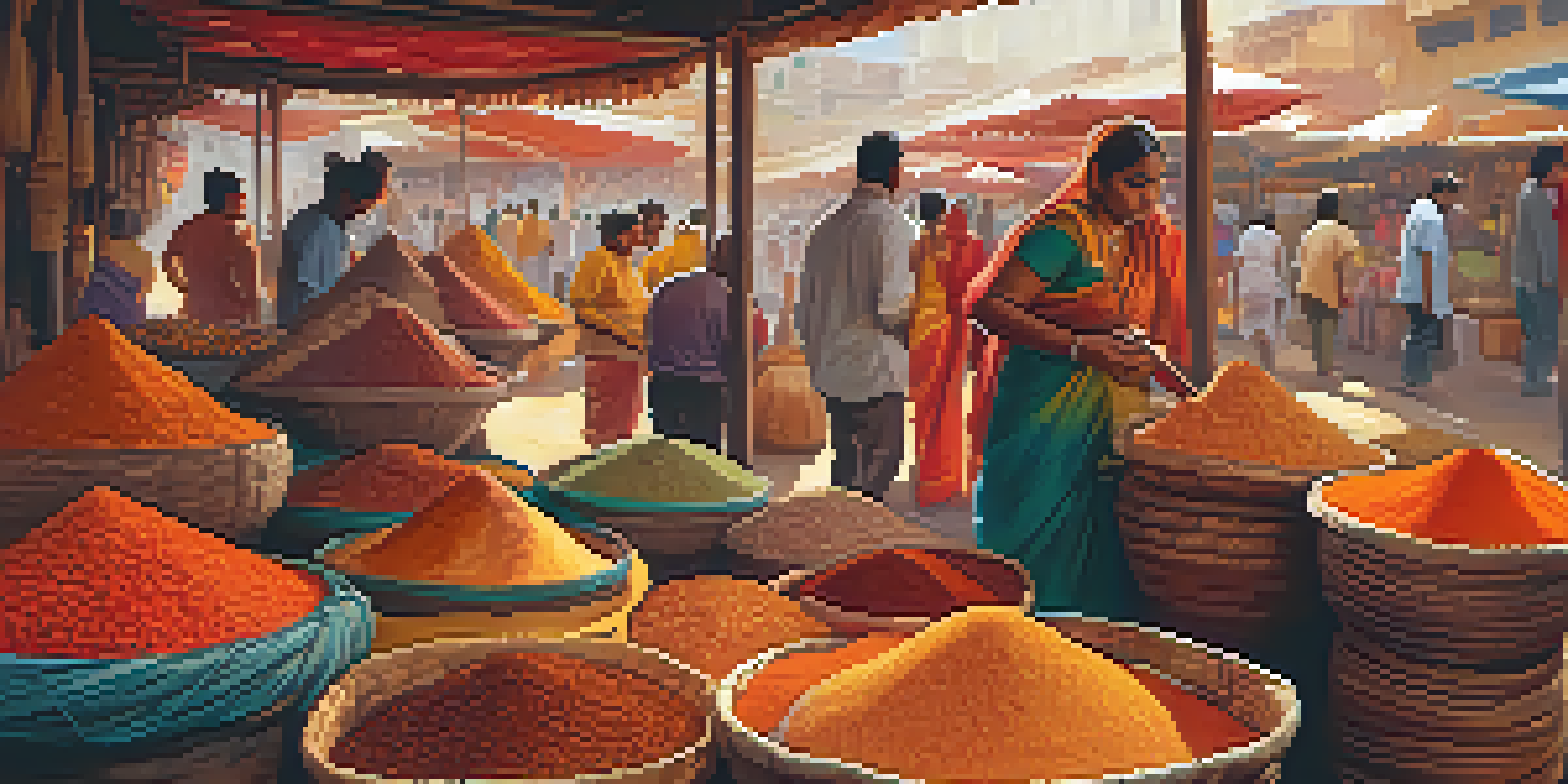A busy spice market in India showcasing colorful spices in baskets with vendors interacting with customers.