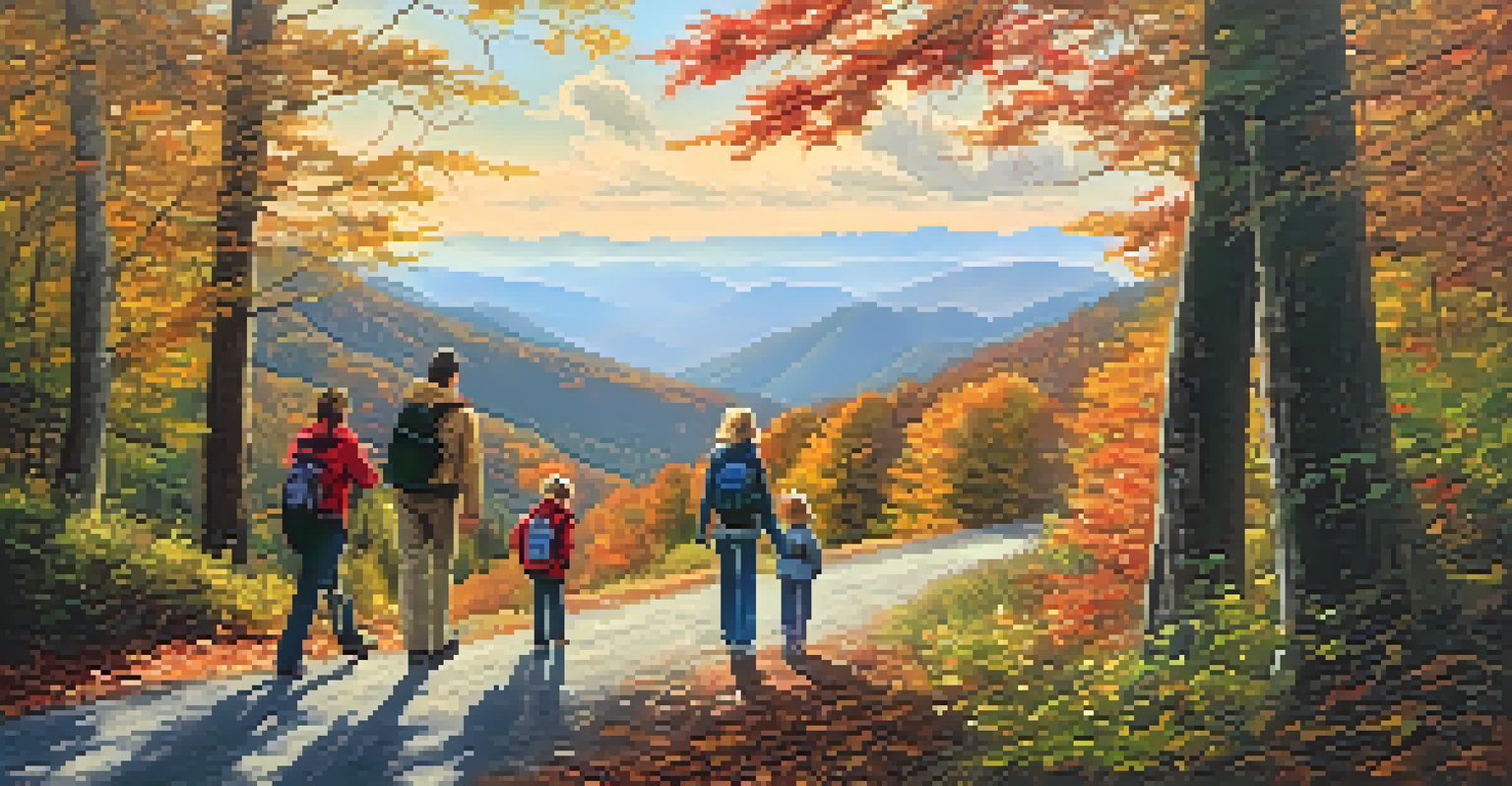 A family hiking along the Blue Ridge Parkway amidst colorful autumn trees, with mountains in the background and sunlight filtering through the leaves.