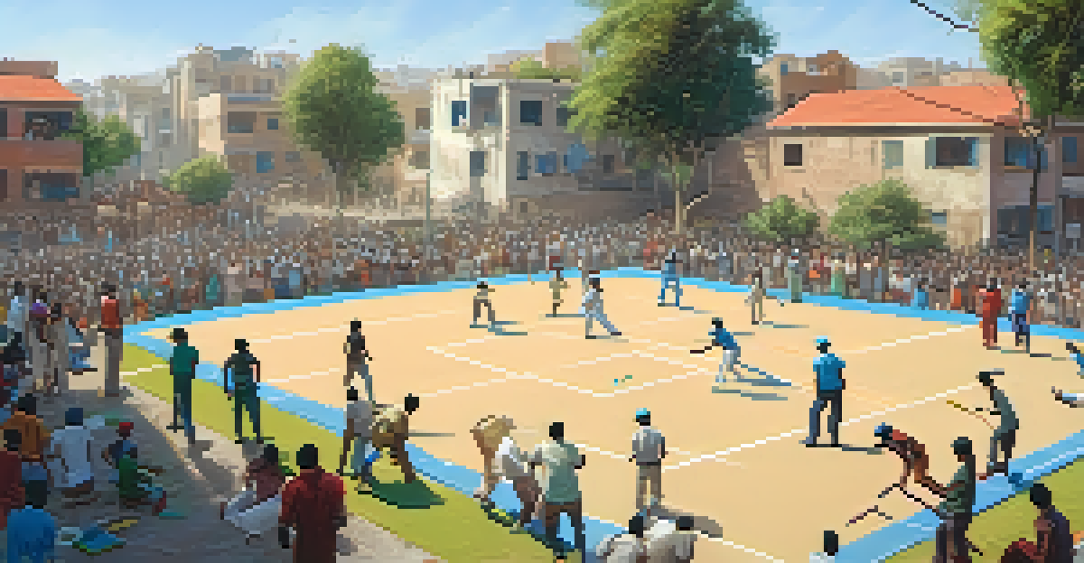 An overhead shot of a mixed-gender gully cricket match, showcasing players in colorful clothing on a makeshift pitch in an urban setting.
