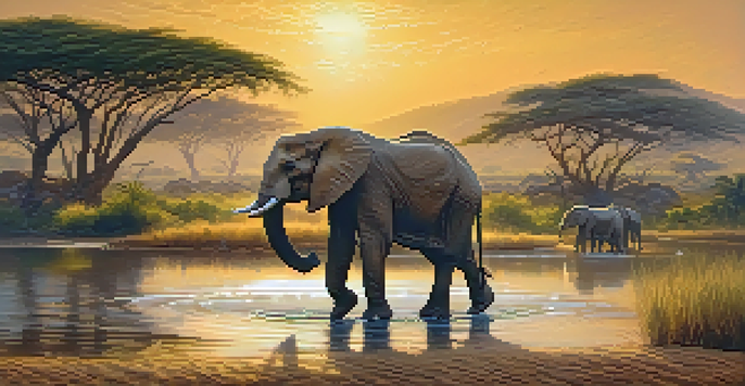 A vibrant summer scene in Kruger National Park featuring an African elephant near a watering hole, surrounded by lush greenery and a clear sky.